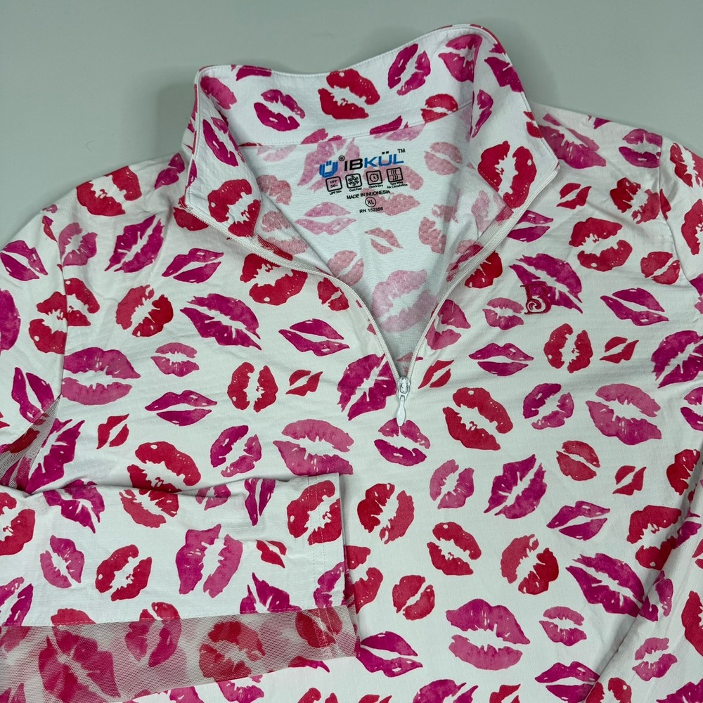 IBKUL 1/4 Zip Pullover Women XL Kiss Me Kate White Pink Lips UPF 50+ Active Top